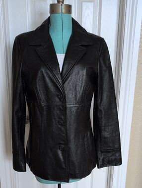 Maxima Black Women's Leather Blazer - Tailored Button-Front Coat